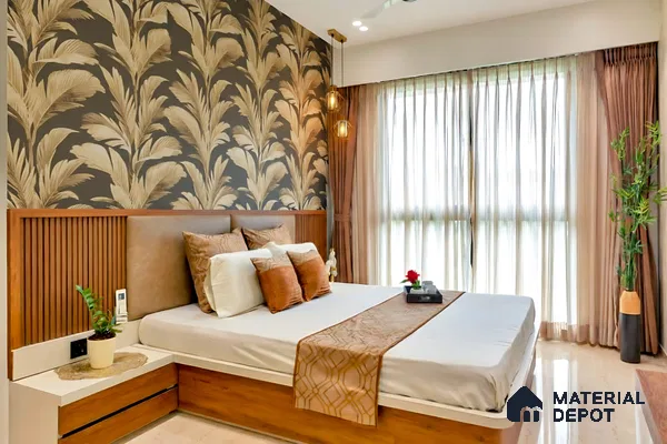 Modern bedroom with beige tropical wallpaper, walnut wood laminate bed, and fluted headboard panel of 3 BHK apartment in NCC Ivory Heights Mahadevpura in Bengaluru