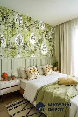 Scandinavian bedroom with green patterned wallpaper and pastel green fluted wall panels of 3 BHK apartment in NCC Ivory Heights Mahadevpura in Bengaluru