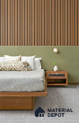 Japandi bedroom with oak wood louvers, sage green upholstered headboard, and grey terrazzo floor tiles of 3 BHK apartment in NCC Ivory Heights Mahadevpura in Bengaluru