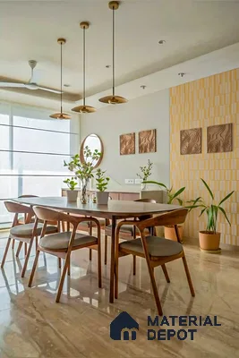 Mid-century modern dining room with walnut wood furniture, beige marble flooring, and patterned accent tile wall of 3 BHK apartment in NCC Ivory Heights Mahadevpura in Bengaluru