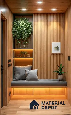 Scandinavian foyer with natural oak wood laminate, fluted wall panels, and built-in bench seating of 3 BHK apartment in NCC Ivory Heights Mahadevpura in Bengaluru