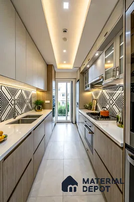 Modern parallel kitchen with white quartz countertop, light oak wood laminate, and geometric black-and-white backsplash tiles of 3 BHK apartment in NCC Ivory Heights Mahadevpura in Bengaluru
