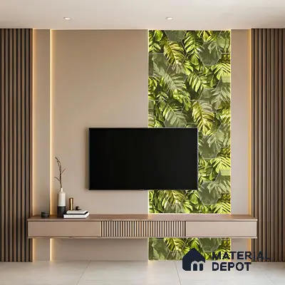 Modern TV unit with taupe laminate, wooden fluted panels, and tropical hexagonal backlit panel of 3 BHK apartment in NCC Ivory Heights Mahadevpura in Bengaluru
