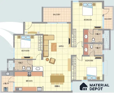 Modern 3BHK apartment floor plan with tiled flooring and open plan living, dining, and kitchen of 3 BHK apartment in NCC Ivory Heights Mahadevpura in Bengaluru