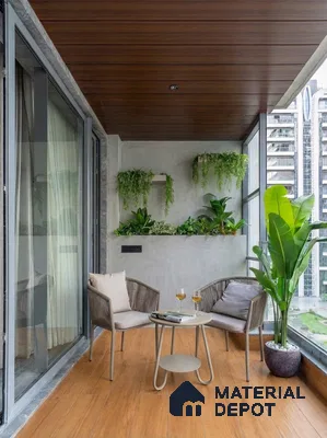 Modern balcony with wood-look floor tiles, wooden ceiling panels, and concrete planter wall in 2 BHK apartment NCN Gold Kalyan Nagar Bengaluru