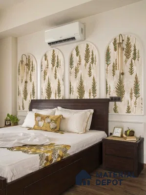 Modern bedroom with botanical patterned wallpaper and dark wood bed on wooden flooring in 2 BHK apartment NCN Gold Kalyan Nagar Bengaluru