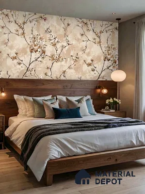 Japandi bedroom with floral wallpaper, walnut wood bed, and light oak flooring in 2 BHK apartment NCN Gold Kalyan Nagar Bengaluru