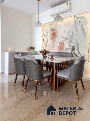 Modern dining room with floral wallpaper accent, marble floor tile, and upholstered chairs in 2 BHK apartment NCN Gold Kalyan Nagar Bengaluru