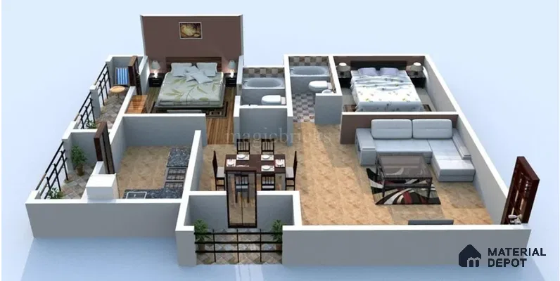 Modern 2BHK apartment with beige floor tiles, wooden accents, and contemporary furniture in 2 BHK apartment NCN Gold Kalyan Nagar Bengaluru