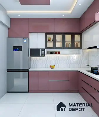 Modern kitchen with mauve high gloss laminate, white quartz countertop, and scallop white backsplash tile in 2 BHK apartment NCN Gold Kalyan Nagar Bengaluru