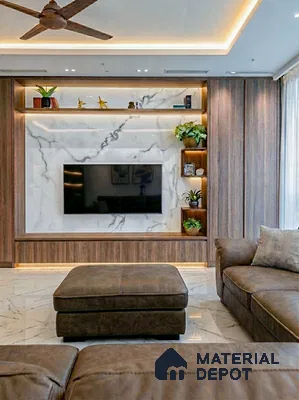 Modern living room with white marble laminate TV unit, walnut wood laminate, and marble floor tiles in 2 BHK apartment NCN Gold Kalyan Nagar Bengaluru