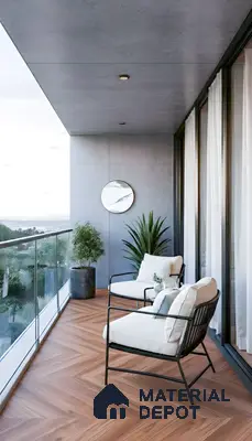 Modern balcony with herringbone wood-look tile flooring and glass railing in 3 BHK apartment NR Royal Park Residency Thanisandra Bengaluru