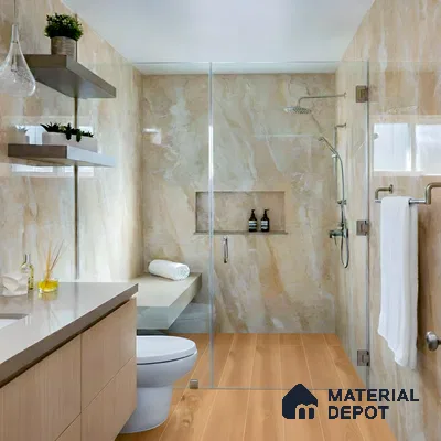 Modern bathroom with beige marble-look wall tiles and light wood-look floor tiles in 3 BHK apartment NR Royal Park Residency Thanisandra Bengaluru