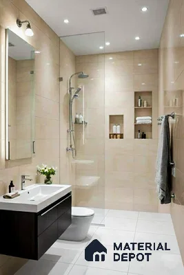 Modern bathroom with beige wall tiles, white floor tiles, and floating dark wood vanity in 3 BHK apartment NR Royal Park Residency Thanisandra Bengaluru