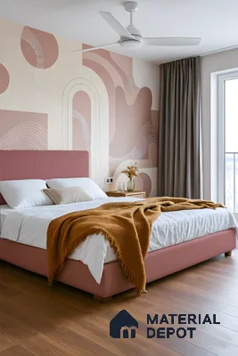 Modern bedroom with abstract pastel wallpaper, blush upholstered bed, and natural wood flooring in 3 BHK apartment NR Royal Park Residency Thanisandra Bengaluru
