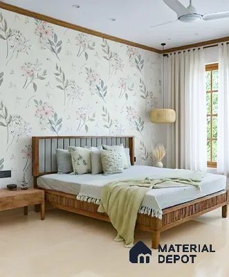 Scandinavian bedroom with floral wallpaper, natural wood bed, and beige floor tile in 3 BHK apartment NR Royal Park Residency Thanisandra Bengaluru