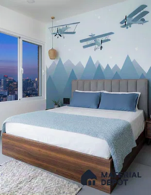 Scandinavian kids bedroom with blue geometric wallpaper and walnut wood bed frame in 3 BHK apartment NR Royal Park Residency Thanisandra Bengaluru