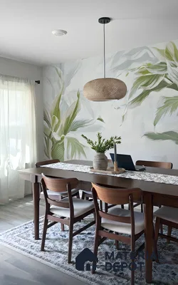 Scandinavian dining room with floral wallpaper, walnut wood dining set, and woven pendant light in 3 BHK apartment NR Royal Park Residency Thanisandra Bengaluru