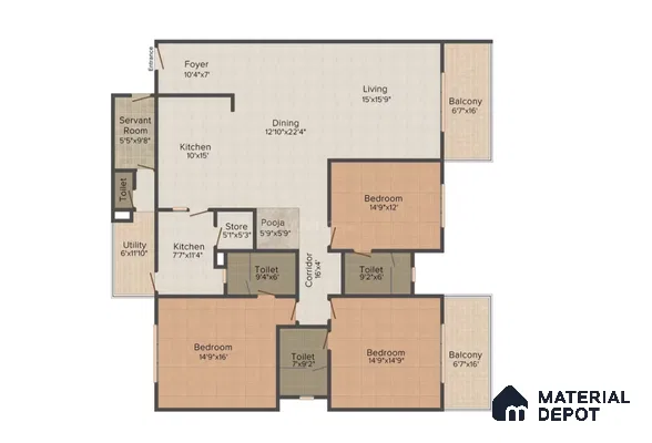 Modern apartment floor plan with foyer, living, dining, kitchen, bedrooms, balconies, and pooja room in 3 BHK apartment NR Royal Park Residency Thanisandra Bengaluru