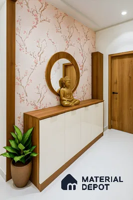 Modern foyer with floral wallpaper, frosty white laminate, and walnut wood laminate in 3 BHK apartment NR Royal Park Residency Thanisandra Bengaluru