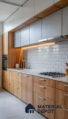 Modern kitchen with light oak wood laminate, frosty white laminate, and white subway tile backsplash in 3 BHK apartment NR Royal Park Residency Thanisandra Bengaluru