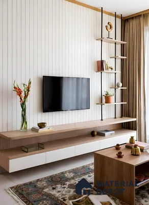 Scandinavian living room with white vertical panel wall and light oak laminate TV unit in 3 BHK apartment NR Royal Park Residency Thanisandra Bengaluru
