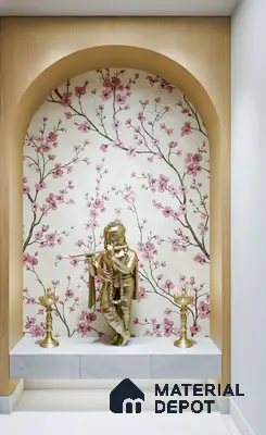 Modern pooja room with floral wallpaper, light wood laminate arch, and white marble laminate platform in 3 BHK apartment NR Royal Park Residency Thanisandra Bengaluru