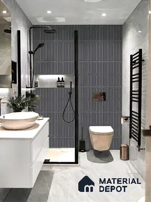 Modern bathroom with grey geometric wall tiles and white floating vanity
