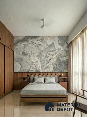 Modern bedroom with marble-look wallpaper accent wall and walnut wood wardrobe