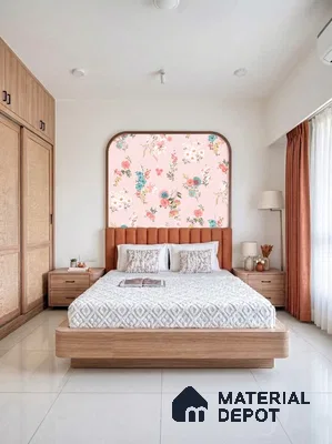 Scandinavian bedroom with floral wallpaper, natural wood wardrobe, and suede upholstered bed
