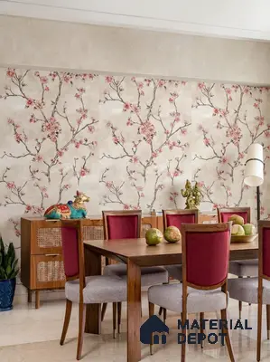 Mid-century modern dining room with floral wallpaper and walnut wood dining set