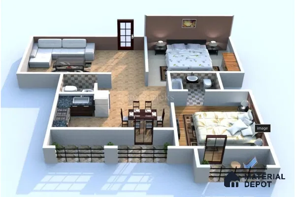 Modern 2BHK apartment layout with patterned floor tiles, modular kitchen, and wooden flooring in bedrooms