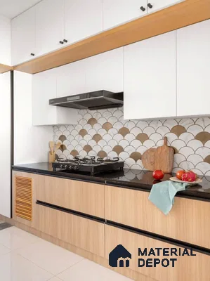 Scandinavian kitchen with white laminate cabinets, light oak wood laminate, and scallop patterned backsplash tiles