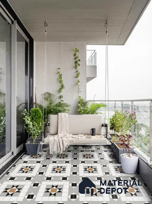 Modern balcony with geometric patterned floor tiles and glass railing