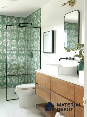 Mid-century modern bathroom with green geometric wall tiles, white countertop, and wood vanity