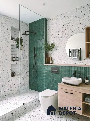 Modern bathroom with green kitkat subway wall tile and terrazzo floor and wall tiles