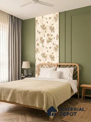 Scandinavian bedroom with olive green wall paint, floral wallpaper accent, and natural wood bed