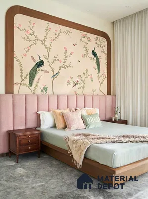 Japandi bedroom with chinoiserie wallpaper, blush pink suede headboard, and natural wood bed frame