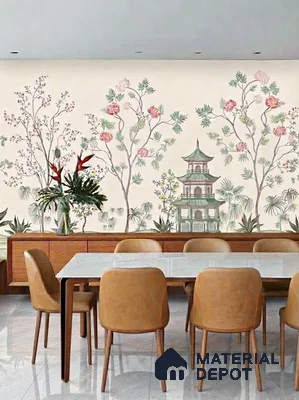 Japandi dining room with chinoiserie wallpaper, white marble tabletop, and tan leather chairs