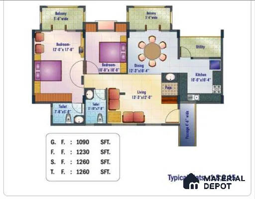 Modern apartment floor plan with tiled flooring, dual balconies, and modular kitchen layout
