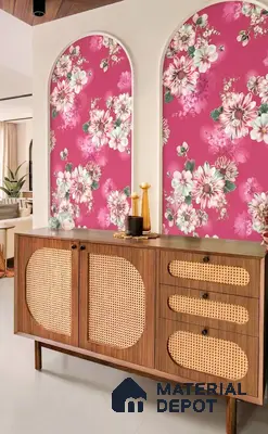 Mid-century modern foyer with floral wallpaper and cane-front wooden console