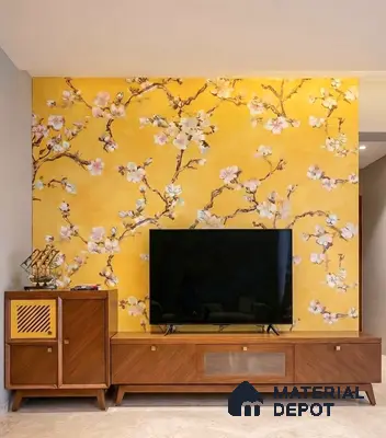 Mid-century modern TV unit with floral yellow wallpaper and walnut wood laminate cabinet