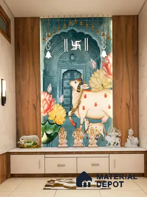 Traditional pooja room with wood laminate, marble countertop, and cow-themed mural wallpaper