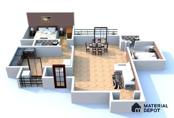 Modern open plan dining room with beige marble floor tiles and dark wood furniture