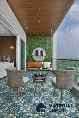 Modern balcony with blue geometric moroccan floor tiles, artificial green wall, and wooden ceiling