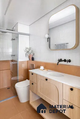 Scandinavian bathroom with terracotta floor and wall tiles, white vertical subway wall tiles, and light wood vanity
