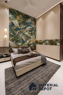 Modern bedroom with tropical wallpaper accent wall and cream solid color laminate wardrobe