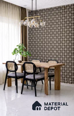 Modern dining room with patterned wallpaper, natural wood dining table, and glossy white floor tiles