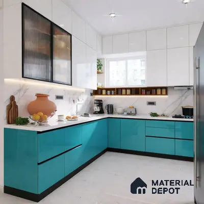 Modern L-shaped kitchen with turquoise blue high gloss laminate, frosty white laminate, and white marble backsplash