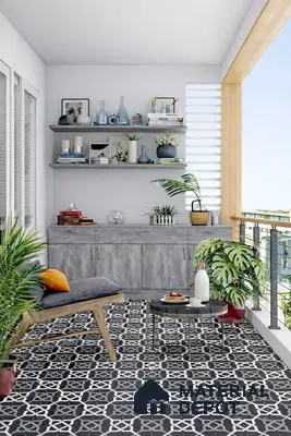 Modern balcony with grey wood laminate cabinetry and black-and-white geometric patterned floor tiles